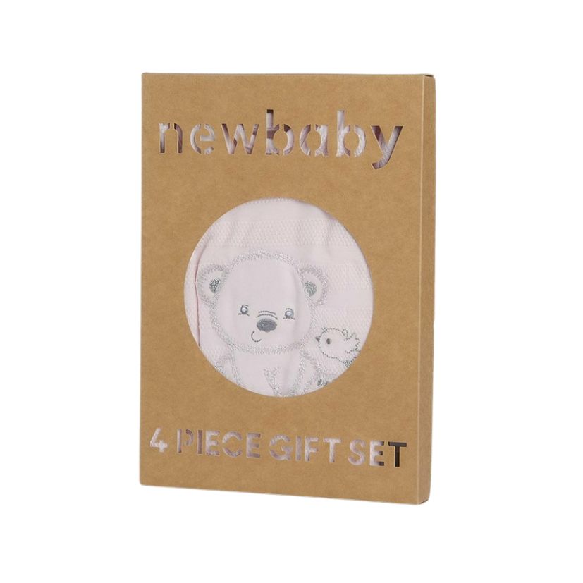 Set bebeluși 4 piese cu salopetă, bluză, body și căciuliță, 56 cm, din bumbac, New Baby, Sweet Bear Pink - Image 2