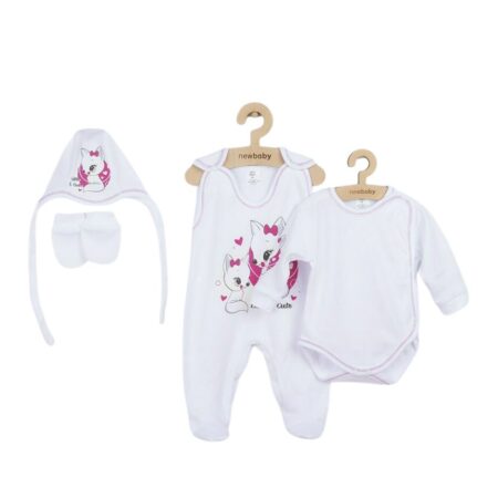 Set bebeluși 4 piese cu salopetă, body, căciuliță și mănuși, 56 cm, din bumbac, New Baby, Foxy