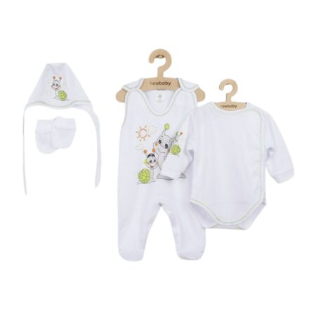 Set bebeluși 4 piese cu salopetă, body, căciuliță și mănuși, 56 cm, din bumbac, New Baby, Snail