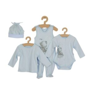 Set bebeluși 4 piese cu salopetă, jachetă, body și căciuliță, 56 cm, din bumbac, New Baby, Angel Blue