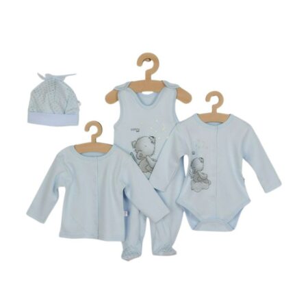 Set bebeluși 4 piese cu salopetă, jachetă, body și căciuliță, 56 cm, din bumbac, New Baby, Angel Blue