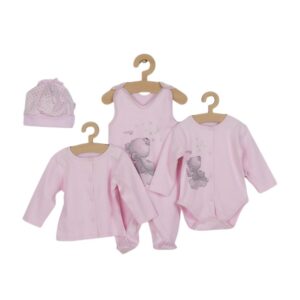 Set bebeluși 4 piese cu salopetă, jachetă, body și căciuliță, 56 cm, din bumbac, New Baby, Angel Pink