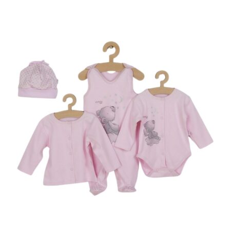 Set bebeluși 4 piese cu salopetă, jachetă, body și căciuliță, 56 cm, din bumbac, New Baby, Angel Pink