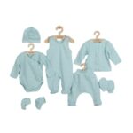 Set bebeluși 7 piese, cu body, bluză, pantalonași, salopetă, căciuliță, mănuși și botoșei, 56 cm, din bumbac, New Baby, I am Blue