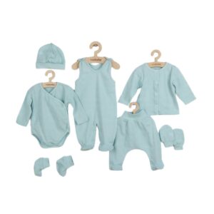 Set bebeluși 7 piese, cu body, bluză, pantalonași, salopetă, căciuliță, mănuși și botoșei, 56 cm, din bumbac, New Baby, I am Blue