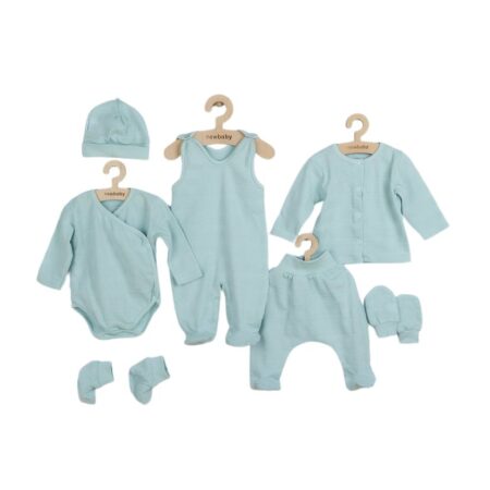 Set bebeluși 7 piese, cu body, bluză, pantalonași, salopetă, căciuliță, mănuși și botoșei, 56 cm, din bumbac, New Baby, I am Blue